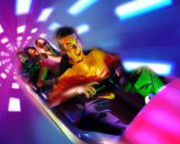 Guests ride the iconixc Space Mountain ride at the Magic Kingdom.